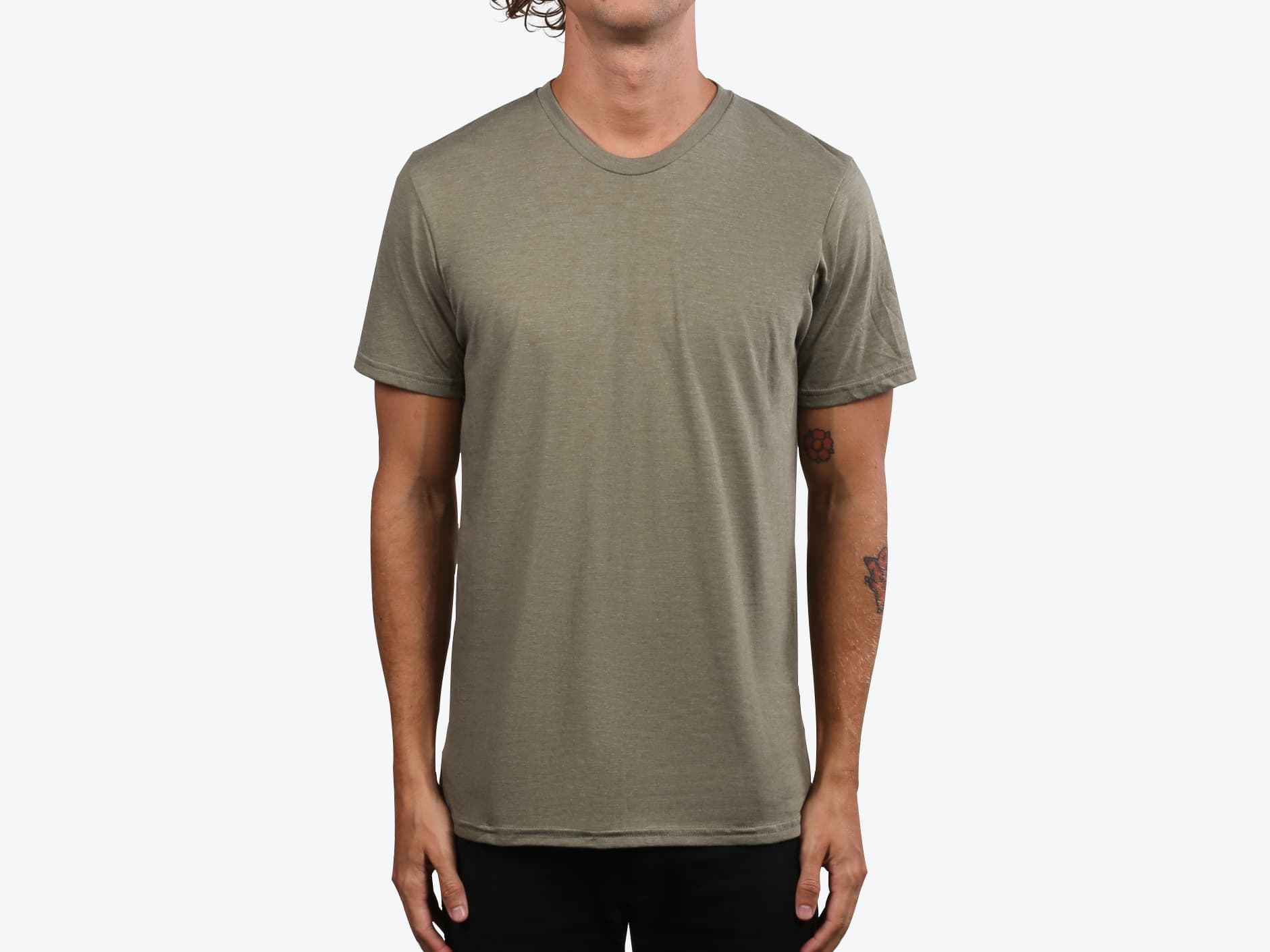 Allmade AL2004 Unisex Tri-Blend Crewneck T-Shirt in Olive You Green (model:male, size:medium, view:front)