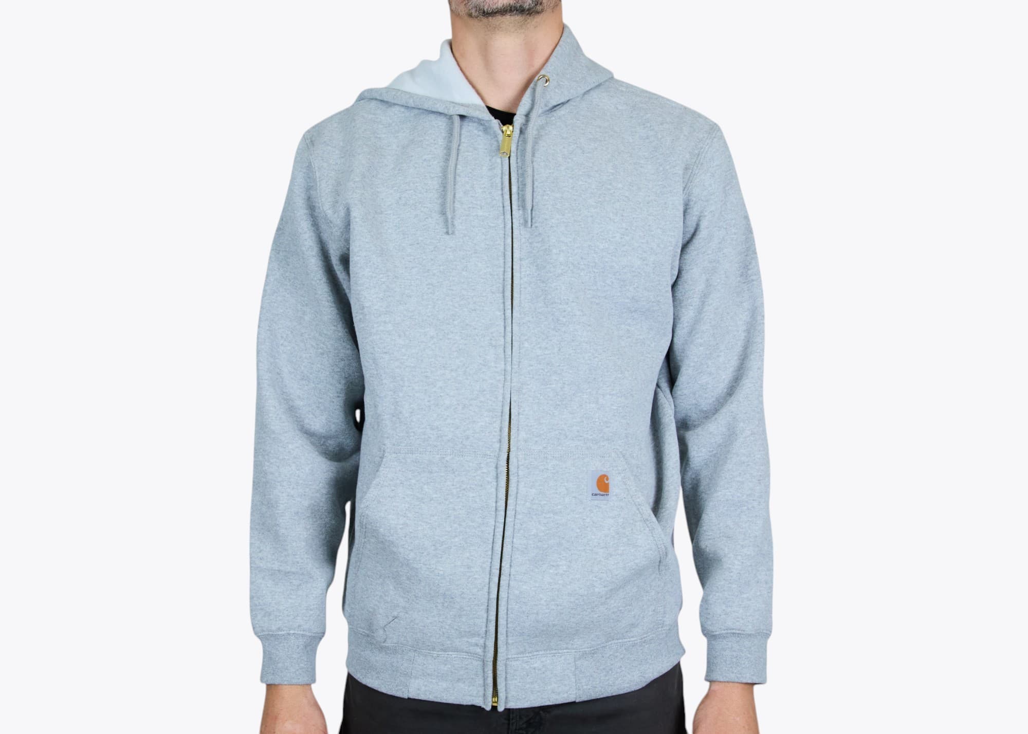 Carhartt CTK122 Midweight Hooded Zip-Front Sweatshirt in Heather Grey (model:male, size:large, view:front)