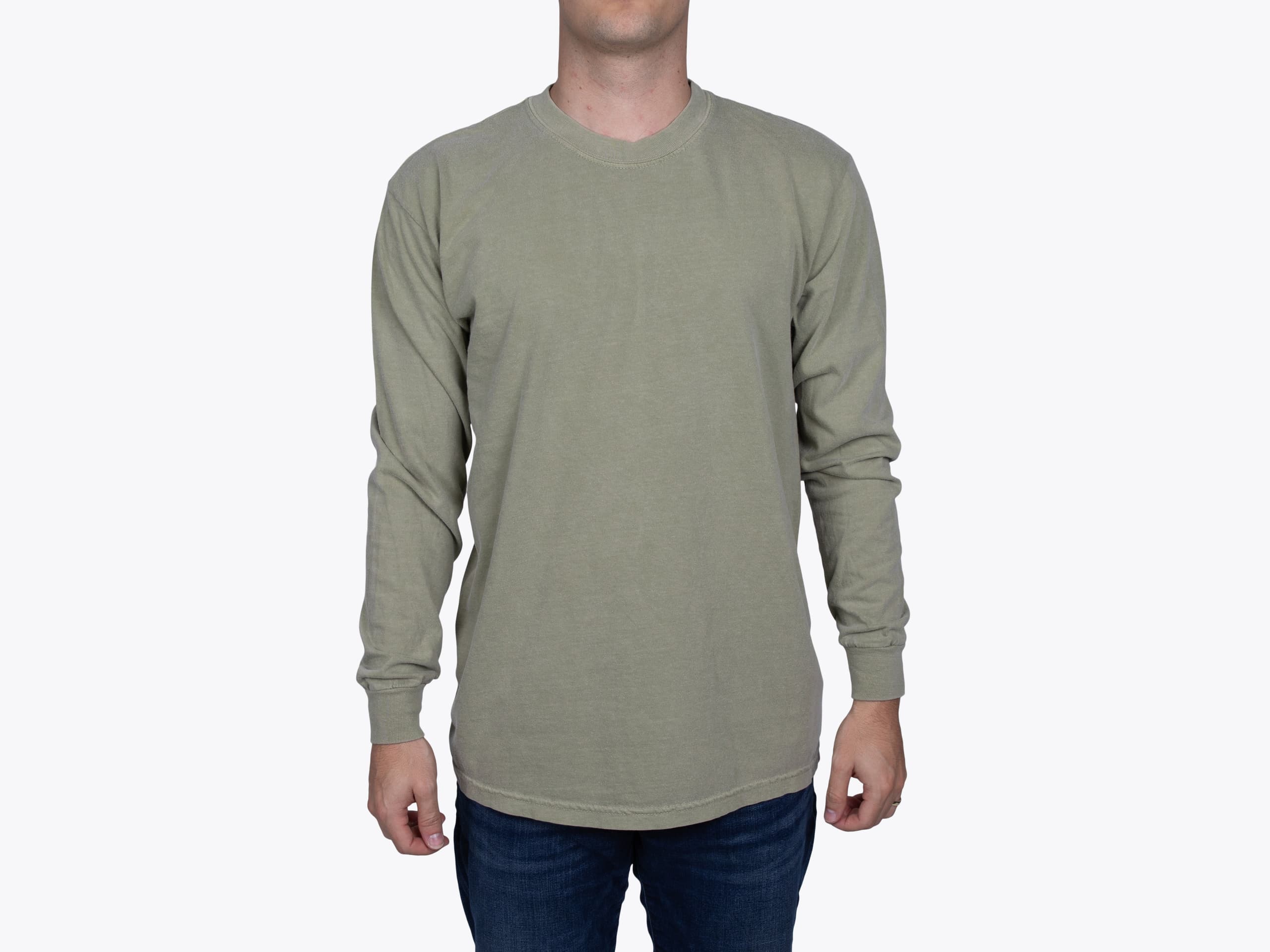 Comfort Colors 6014 6.1 oz. Ringspun Garment-Dyed Long Sleeve T-Shirt in Sandstone (model:male, size:medium, view:front)