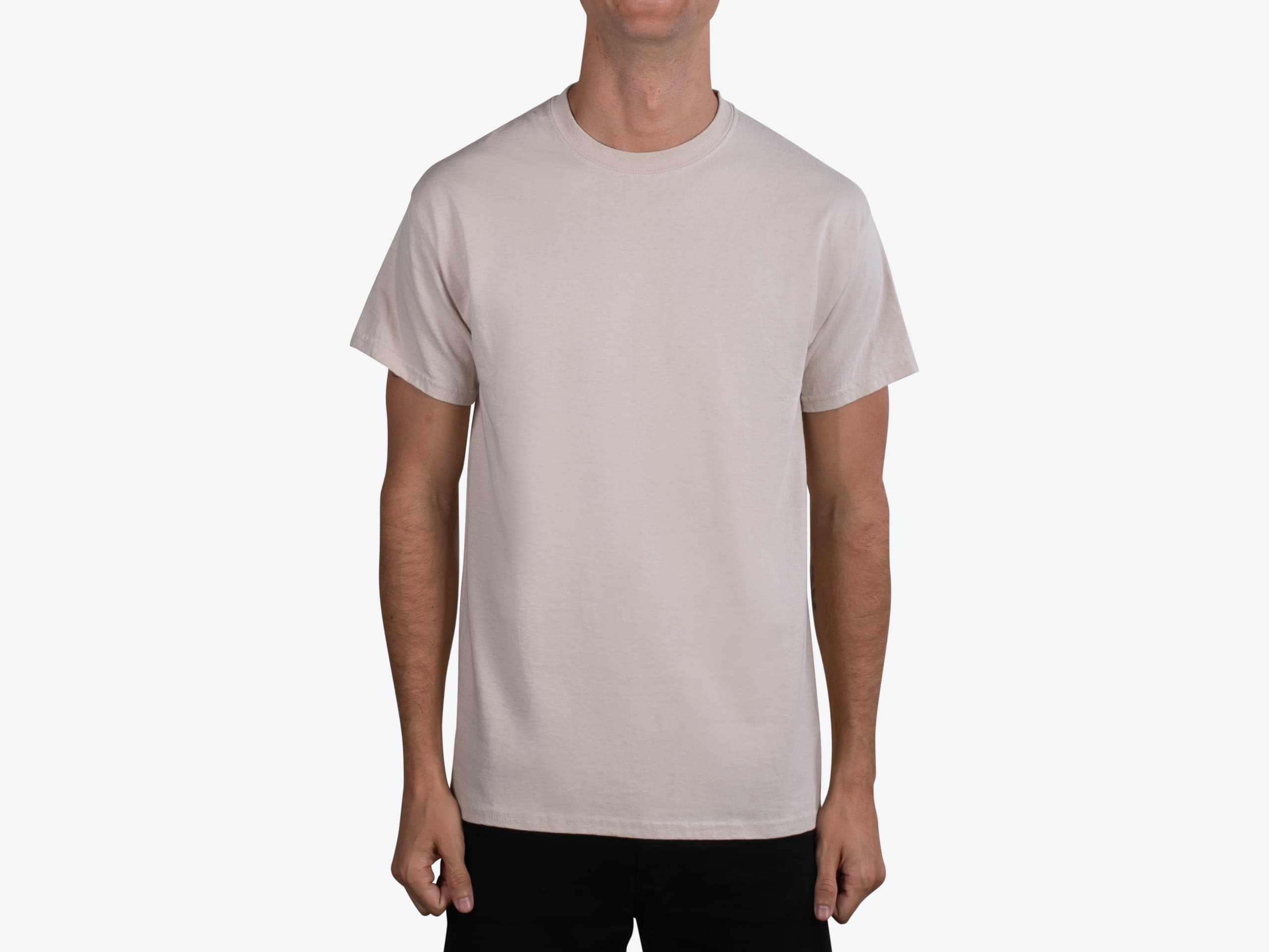 Gildan 2000 Ultra Cotton Tee in Sand (model:male, size:medium, view:front)