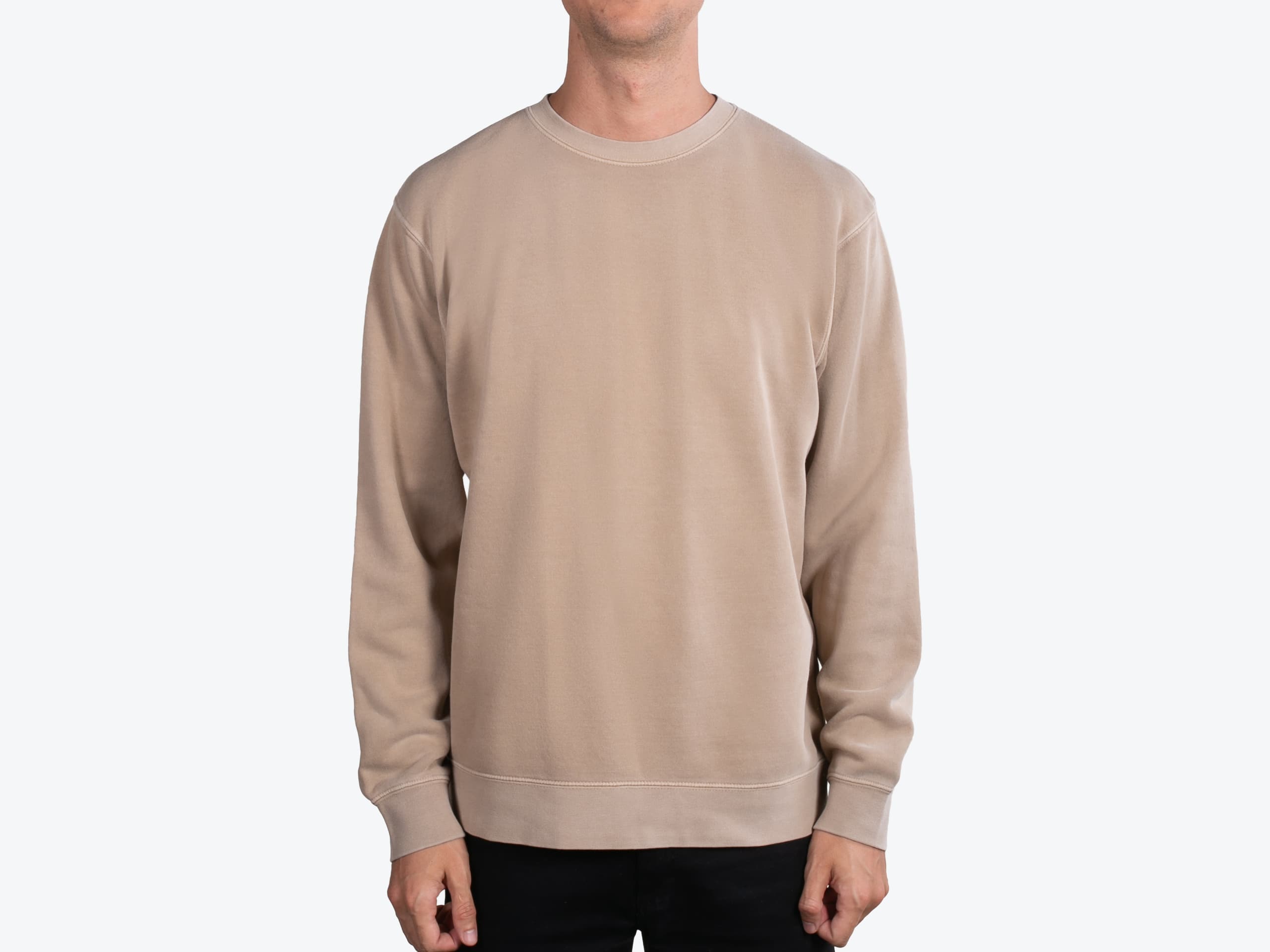 Independent Trading Co PRM3500 Unisex Pigment Dyed Crewneck in Pigment Sandstone (model:male, size:medium, view:front)