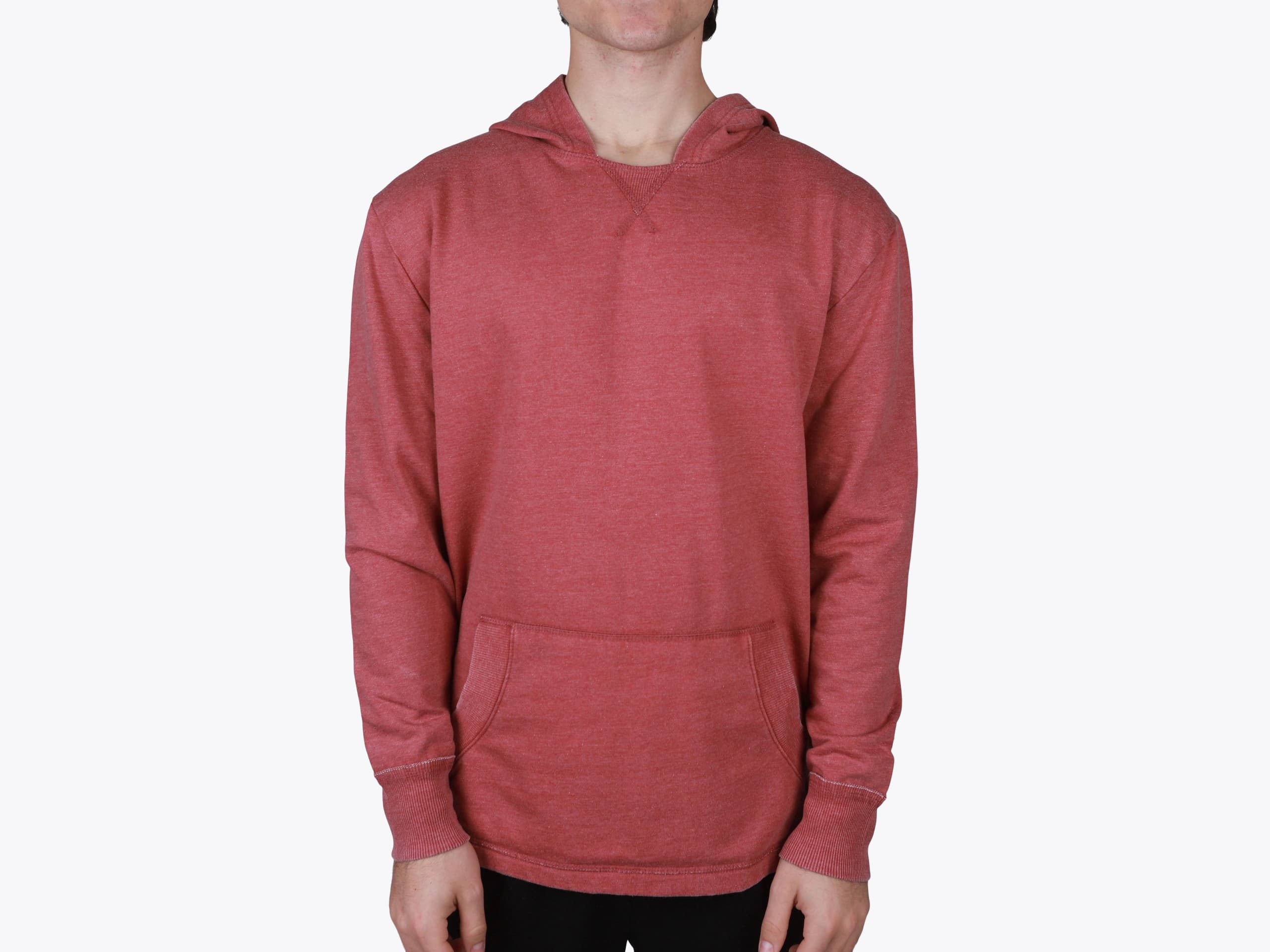 LAT Apparel 6936 Adult Vintage Wash Fleece Hooded Sweatshirt in Washed Rogue (model:male, size:medium, view:front)