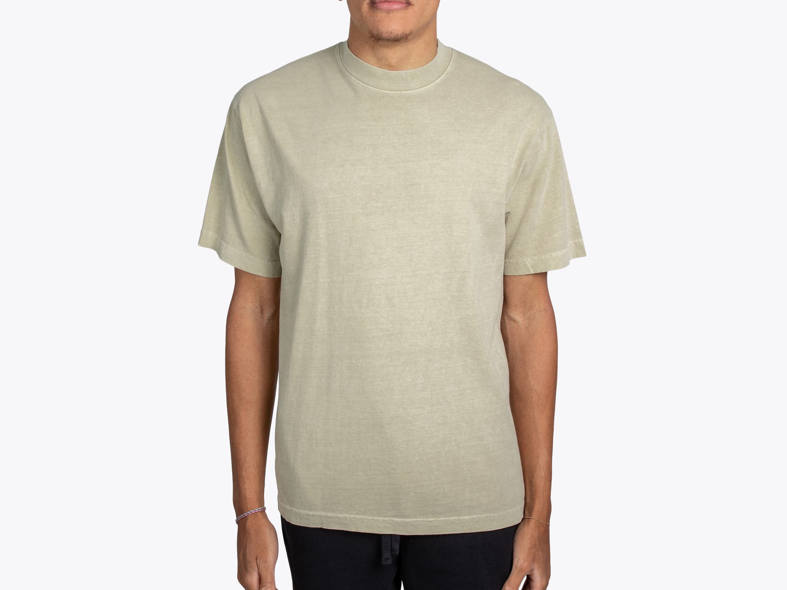 Los Angeles Apparel 1801GD Short Sleeve Garment Dye Crew Neck in Mushroom (model:male, size:medium, view:front)