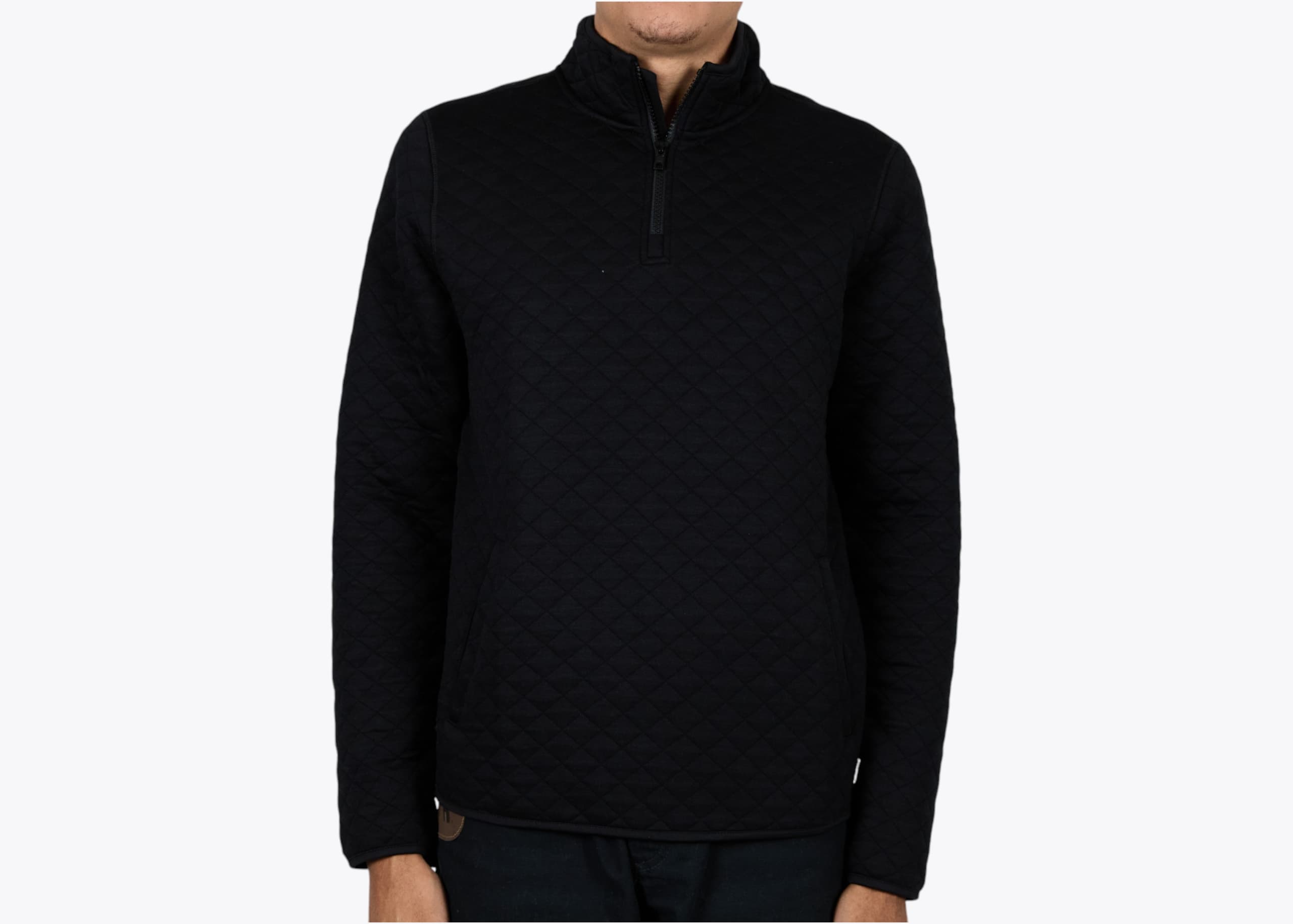 Marine Layer MCQP Men's Corbet Quilted 1/4 Zip Pullover in Black (model:male, size:medium, view:front)
