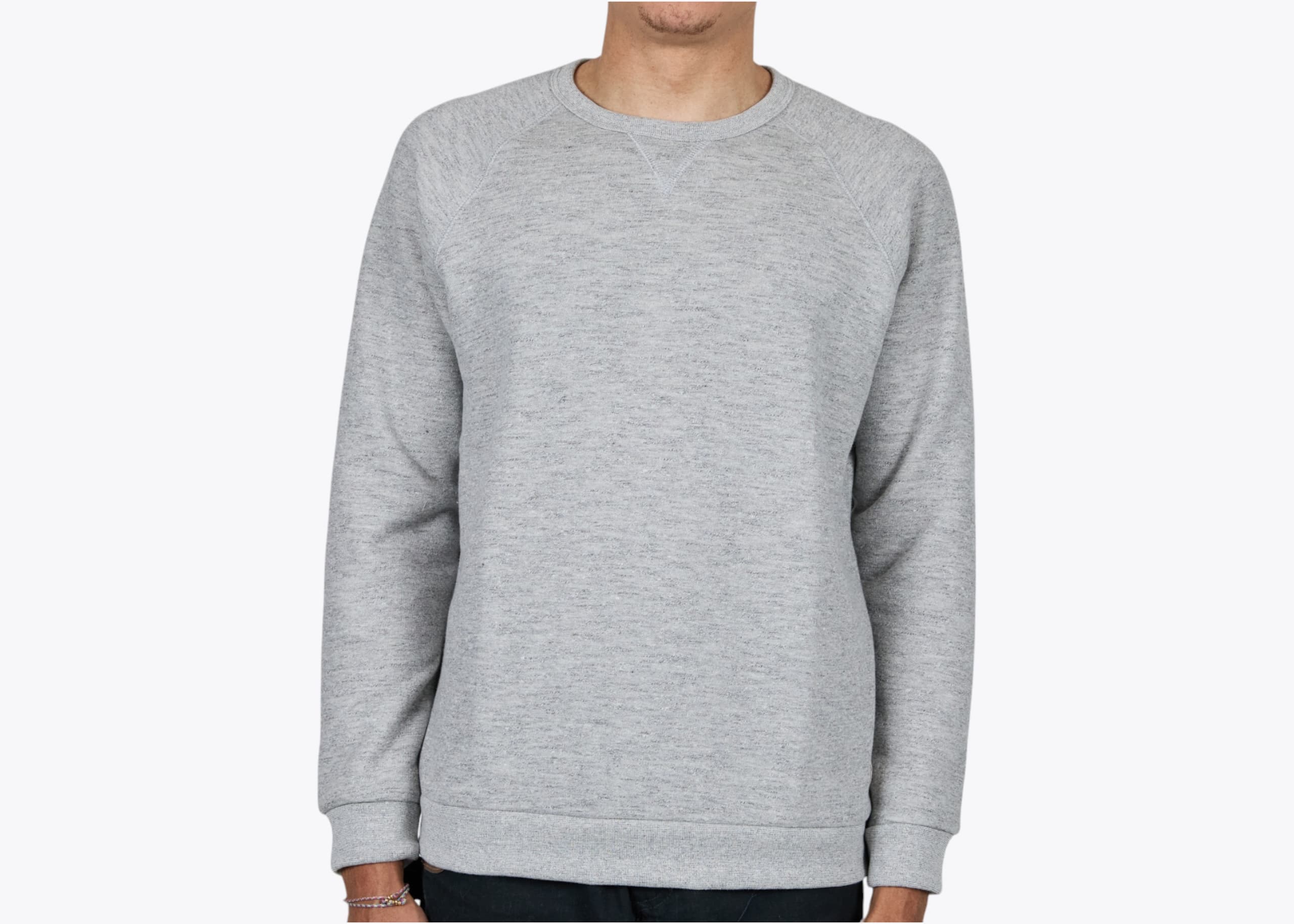 Marine Layer MLCSR Men's Sherpa Crew Pullover in Heather Grey (model:male, size:medium, view:front)