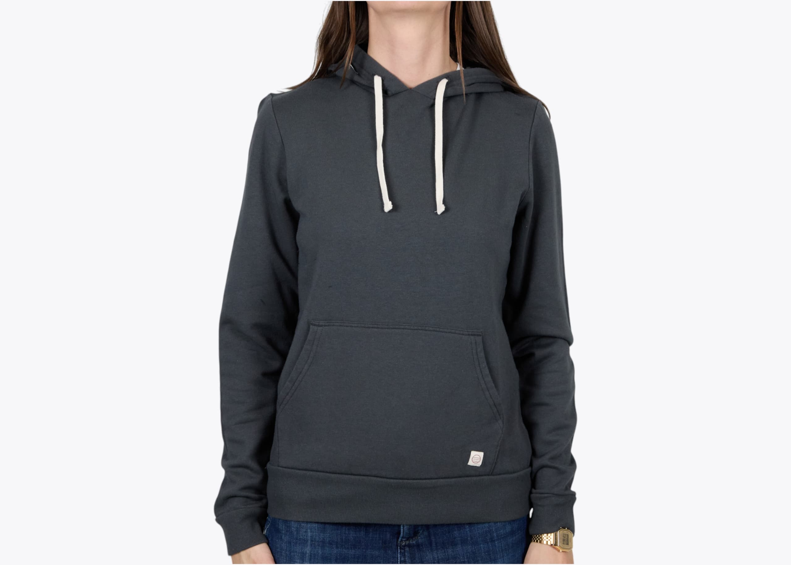 Marine Layer WLHP3 Women's Sunset Pullover Hoodie in Asphalt (model:female, size:small, view:front)