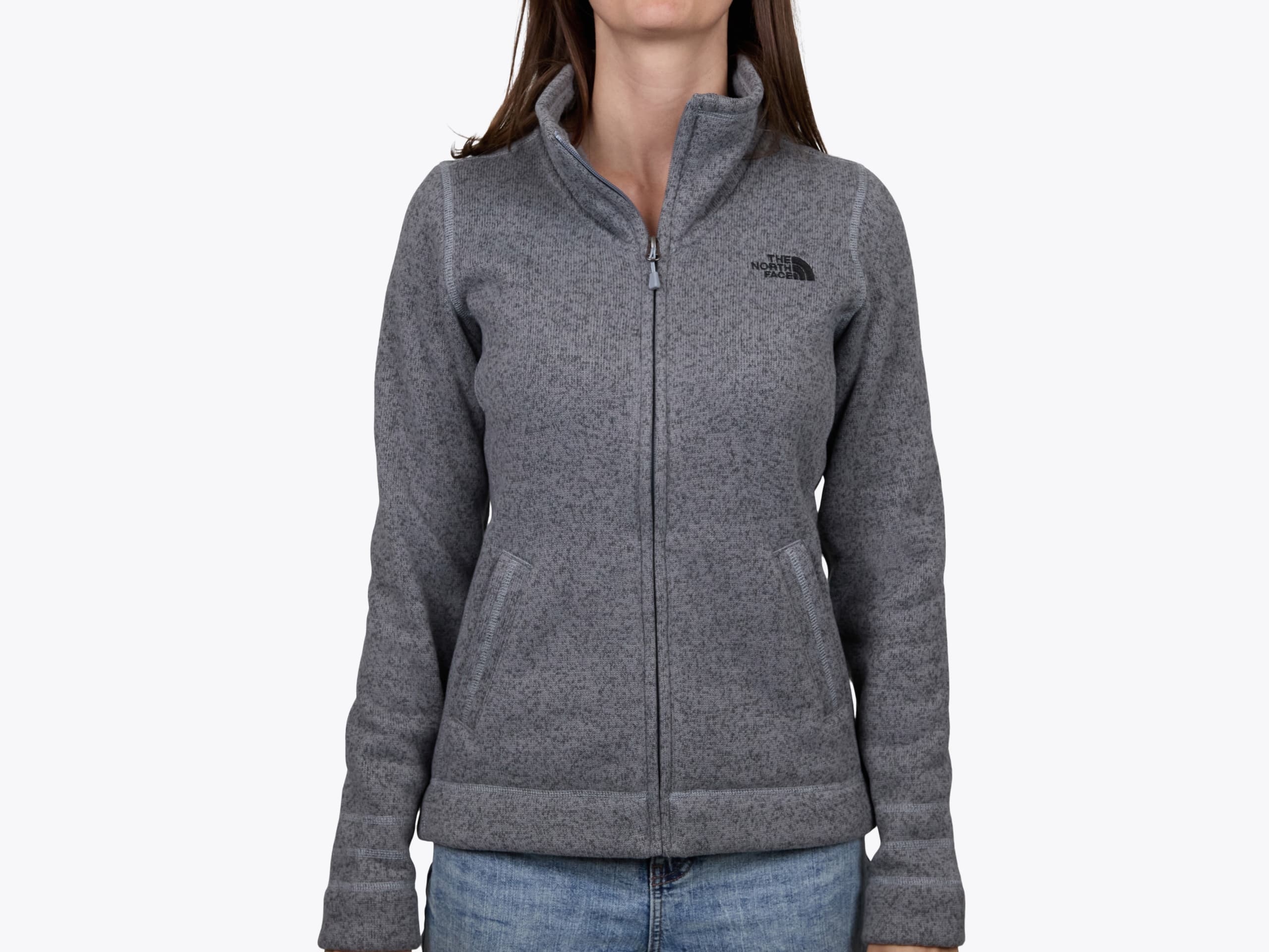 The North Face NF0A3LH8 Ladies Sweater Fleece Jacket in TNF Medium Grey Heather (model:female, size:small, view:front)