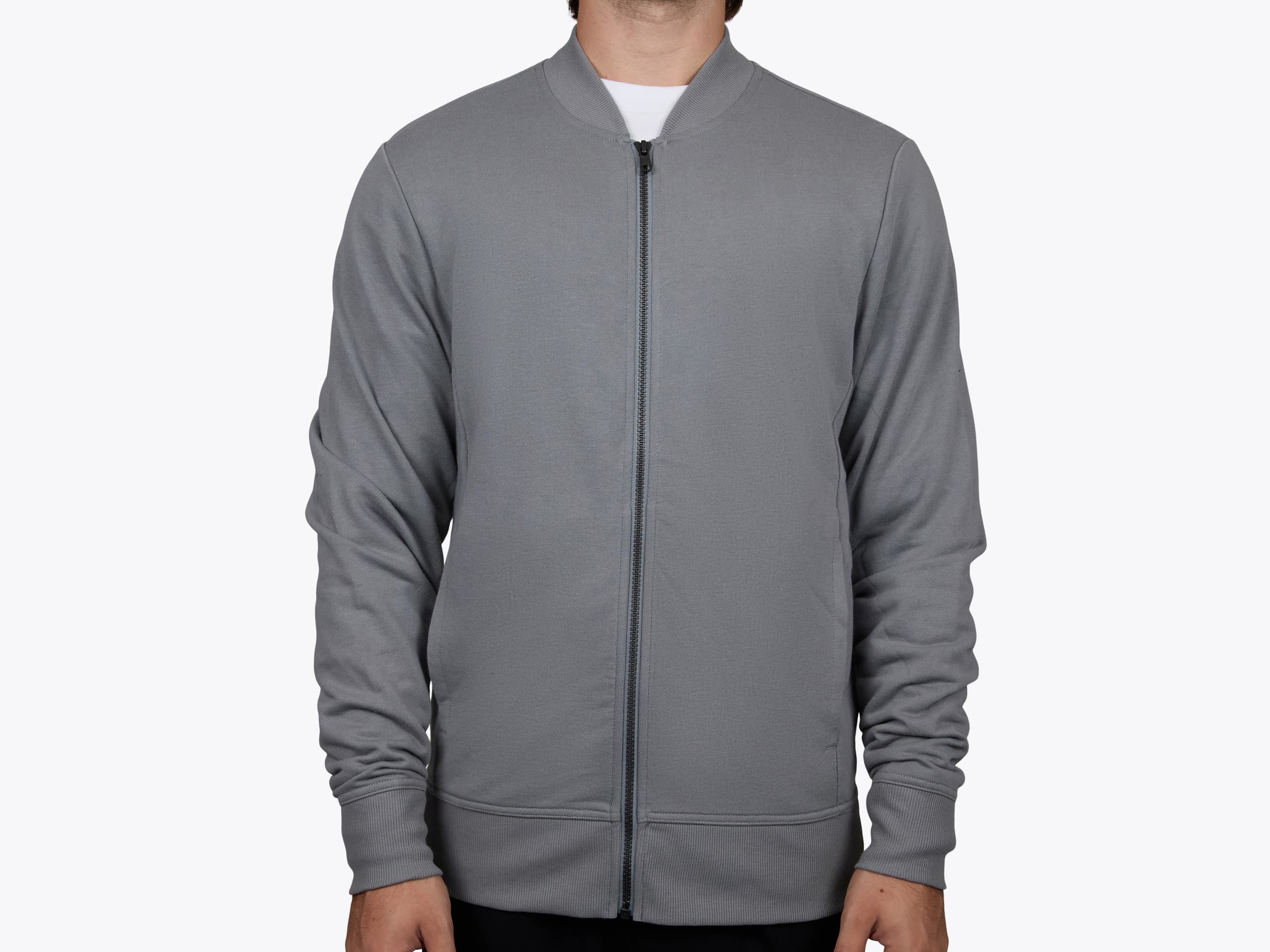 Sport-Tek ST274 Lightweight French Terry Bomber in Grey Concrete (model:male, size:medium, view:front)