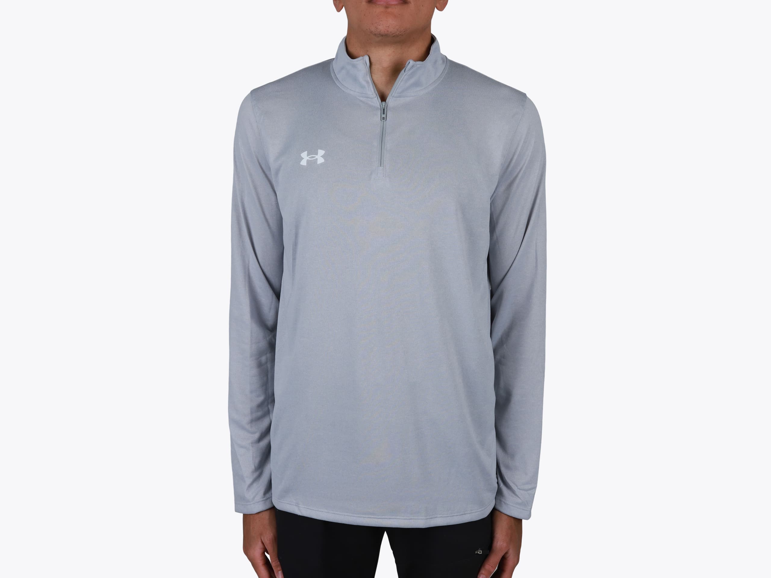 Under Armour 1376844 Men's Team Tech Quarter-Zip in Mod Grey Light Heather/White (model:male, size:medium, view:front)